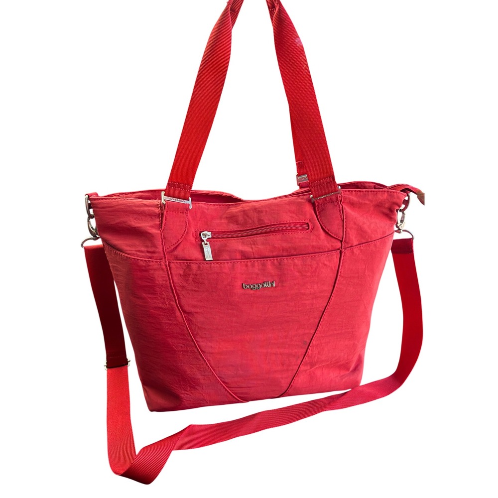 Baggallini Red Nylon Large Triple Zip Travel Tote Crossbody Bag Luggage Sleeve
